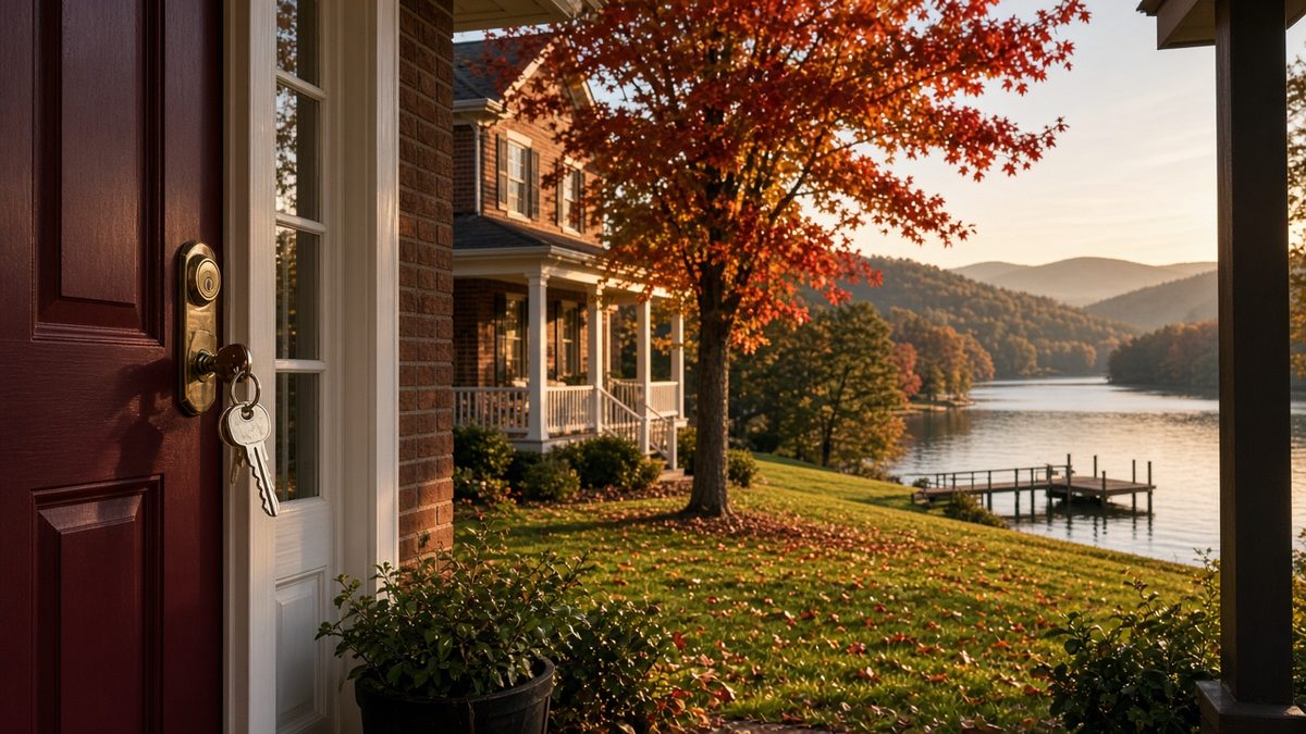 Best mortgage lender in Hendersonville TN: brick home with fall maple trees by a lake and boat dock, with house keys in the front door