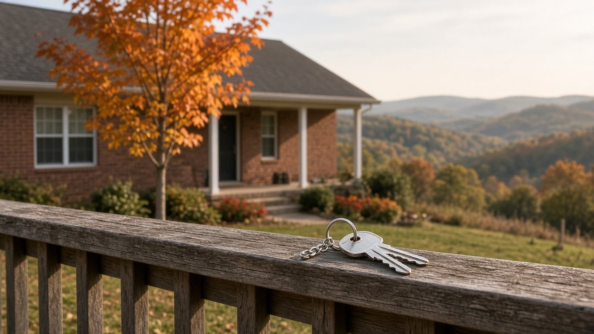 Brick starter home in Hendersonville, TN with fall maple tree and house keys on a porch rail
