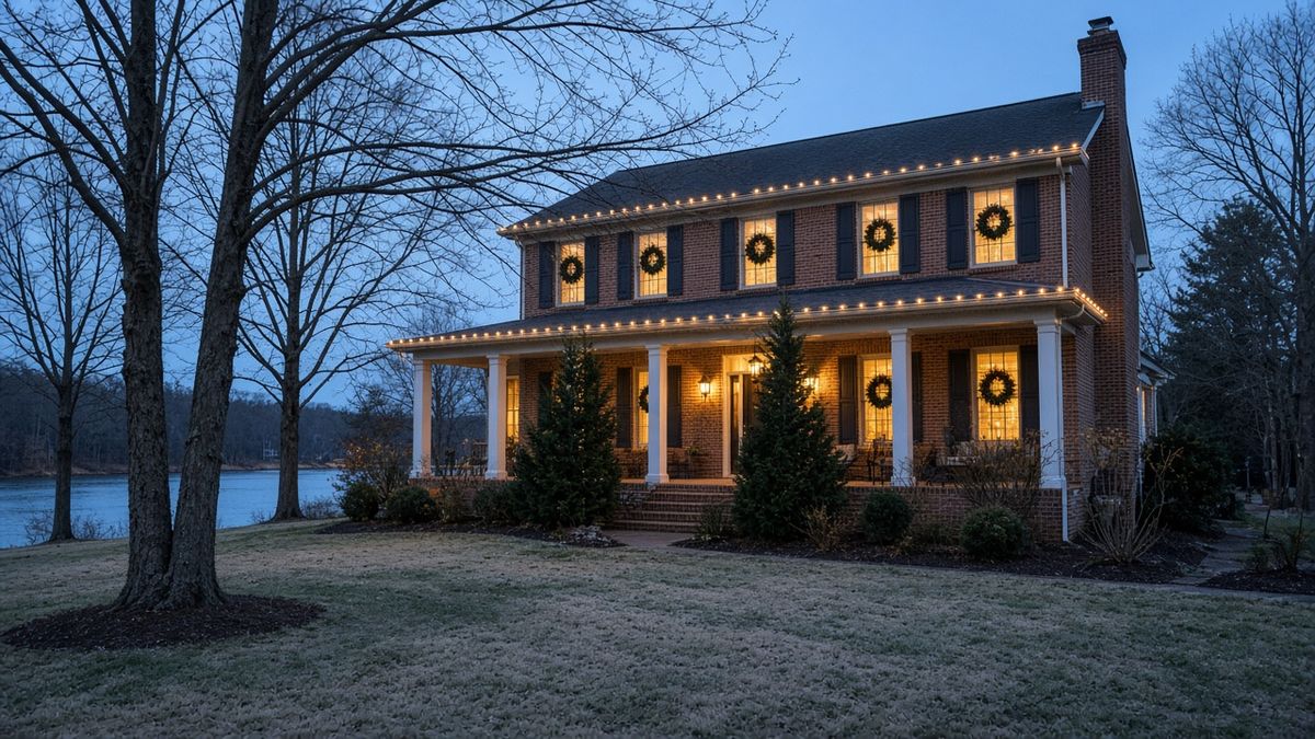 Hendersonville TN winter home buying: brick two-story home with wreaths and holiday lights near a lake at dusk