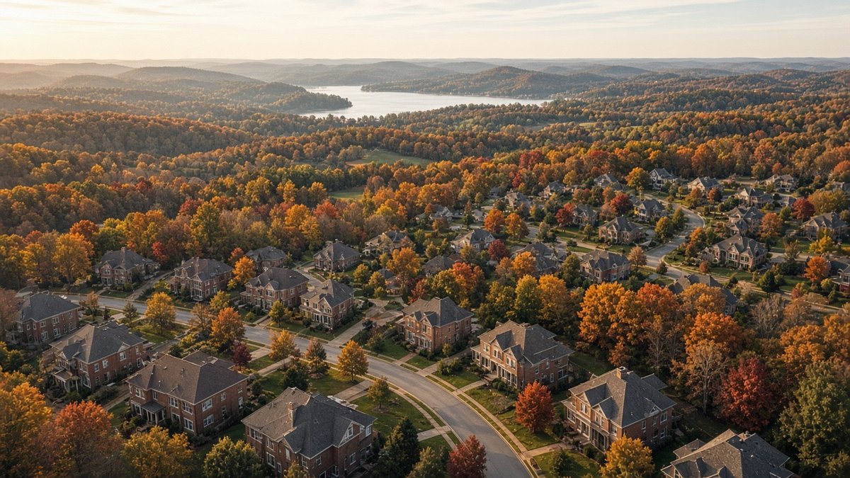 Aerial view of a Sumner County, Tennessee neighborhood with brick homes and fall trees near a lake