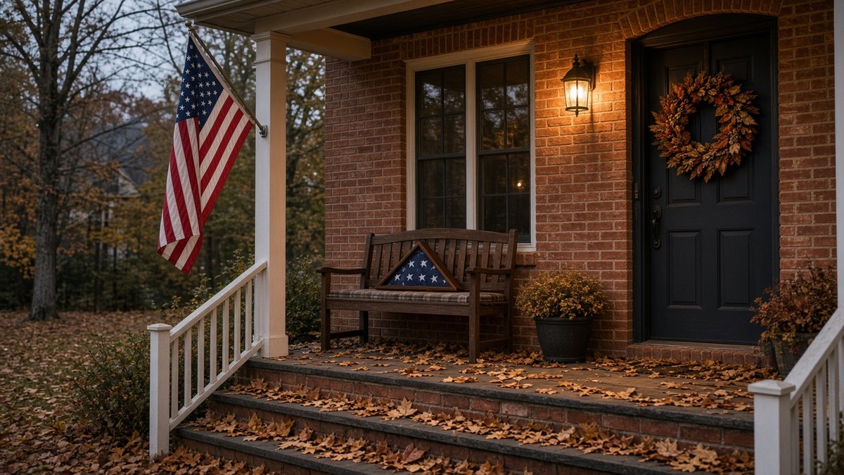 Brick home porch in Hendersonville, TN with an American flag and fall leaves for Veterans Day